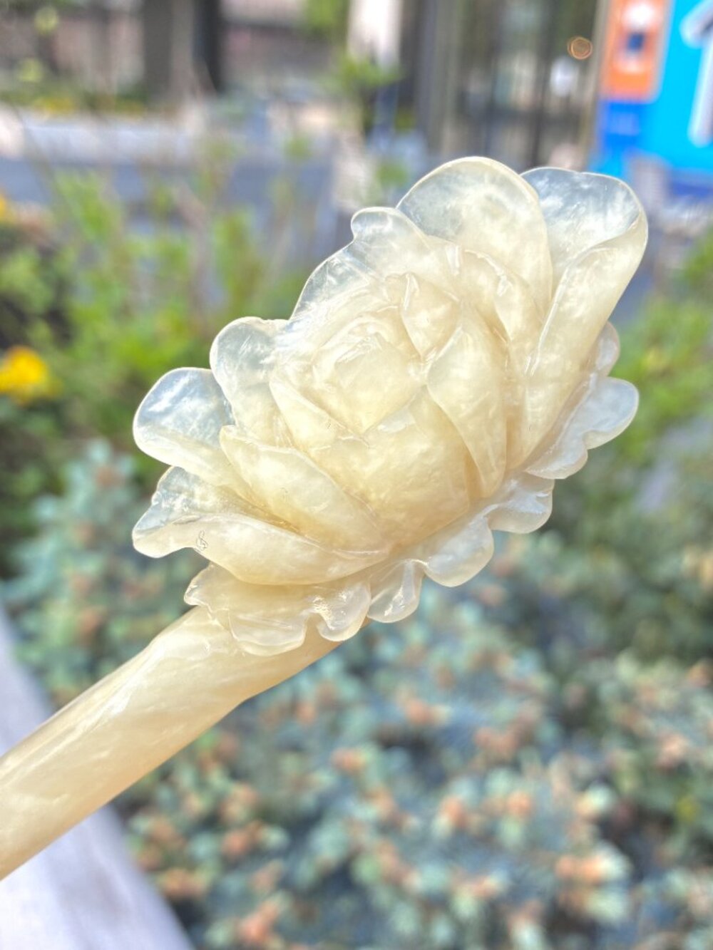 Yellow Peony Hairpin - Serpentine Jade Hair Stick